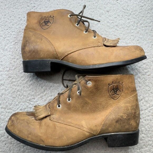 Ariat Boots Womens 8.5 Tan Ankle Leather Kiltie Western‎ Lace Up Roper Cowgirl - Picture 3 of 16
